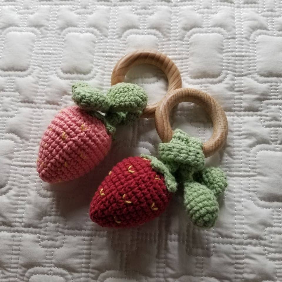 Strawberry Hand Crochet Cotton Rattle - Pink & Red