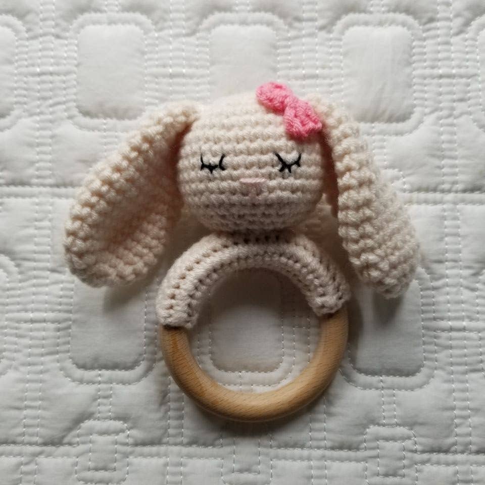 Pink Bow Bunny Hand Crochet Cotton Rattle
