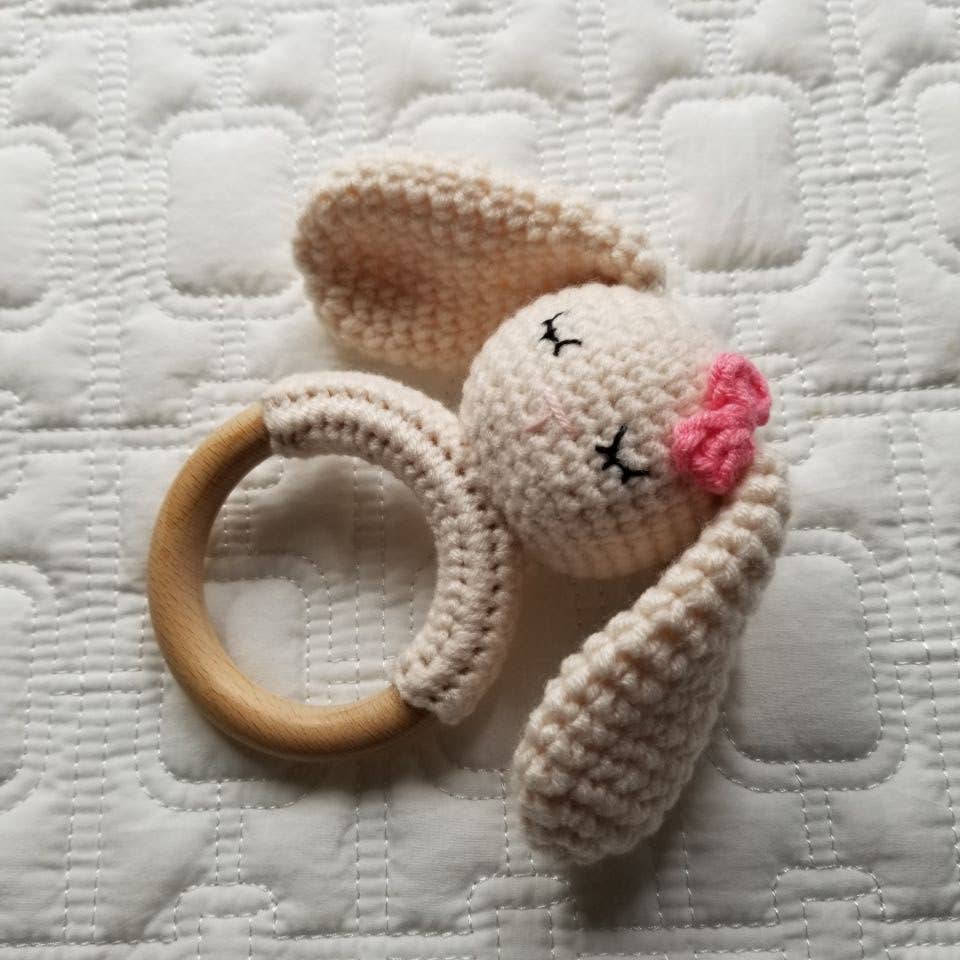 Pink Bow Bunny Hand Crochet Cotton Rattle