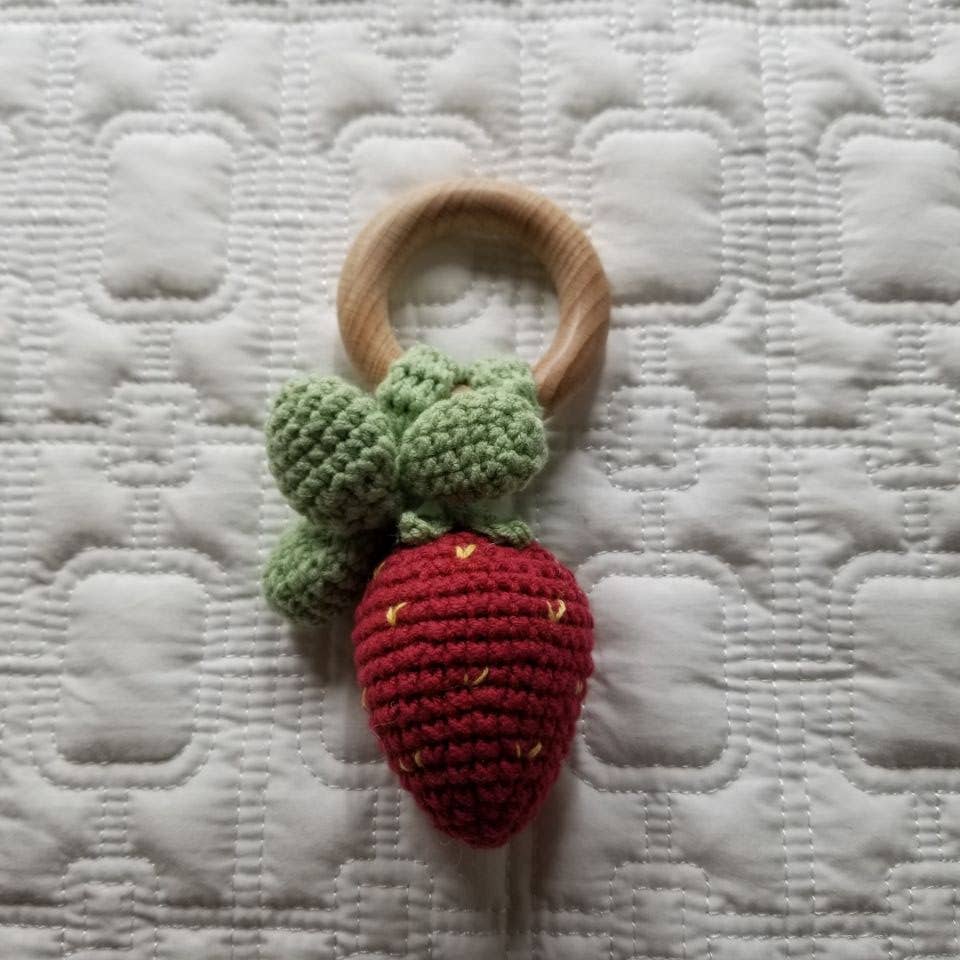 Strawberry Hand Crochet Cotton Rattle - Pink & Red