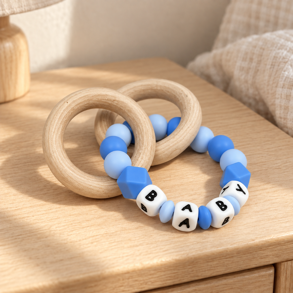 Adult Rattle Teether | "BABY" Silicone Bead Wooden Sensory Toy