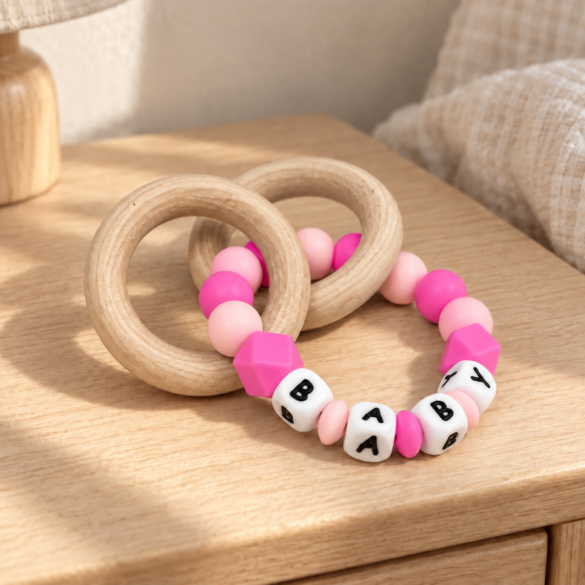 Adult Rattle Teether | "BABY" Silicone Bead Wooden Sensory Toy