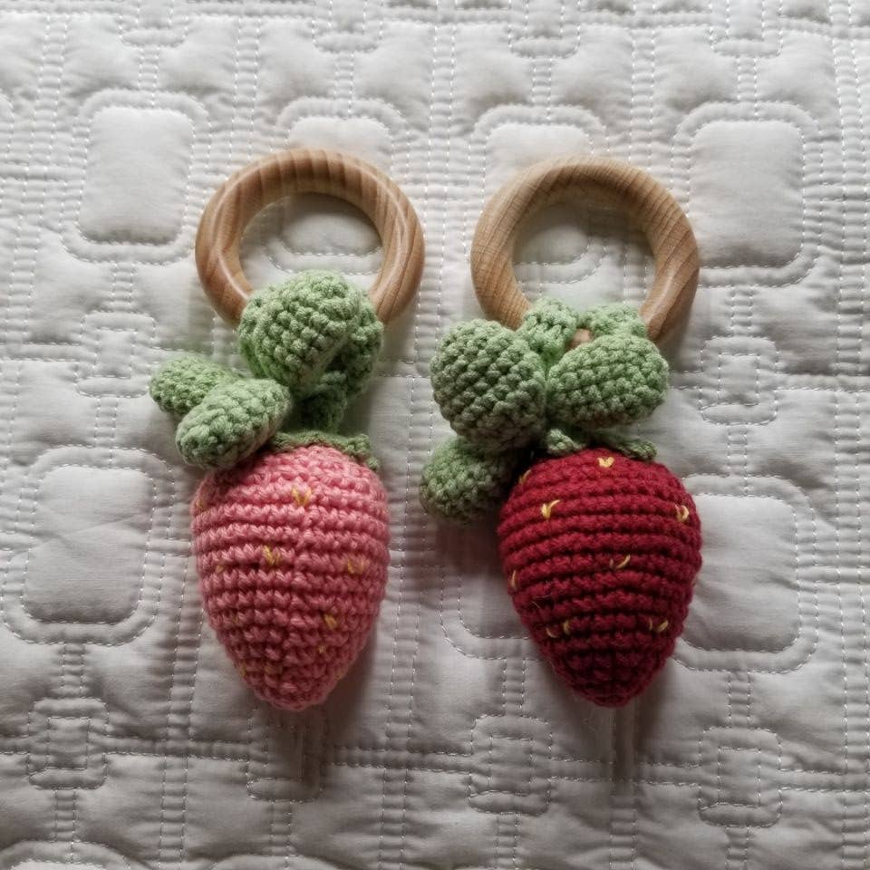 Strawberry Hand Crochet Cotton Rattle - Pink & Red